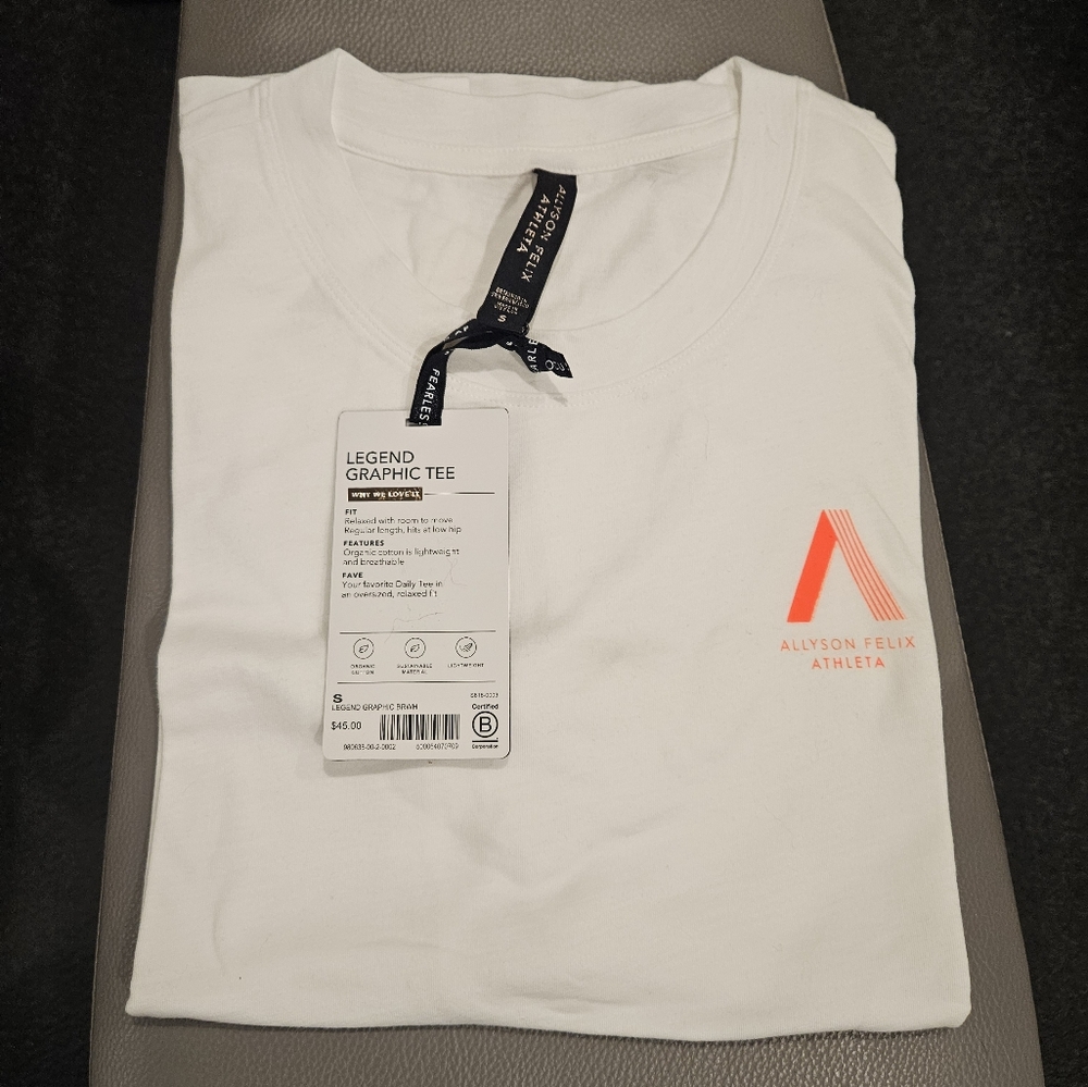 ATHLETA NWT Legend Allyson Felix Break Barriers T-Shirt White Neon Orange SMALL